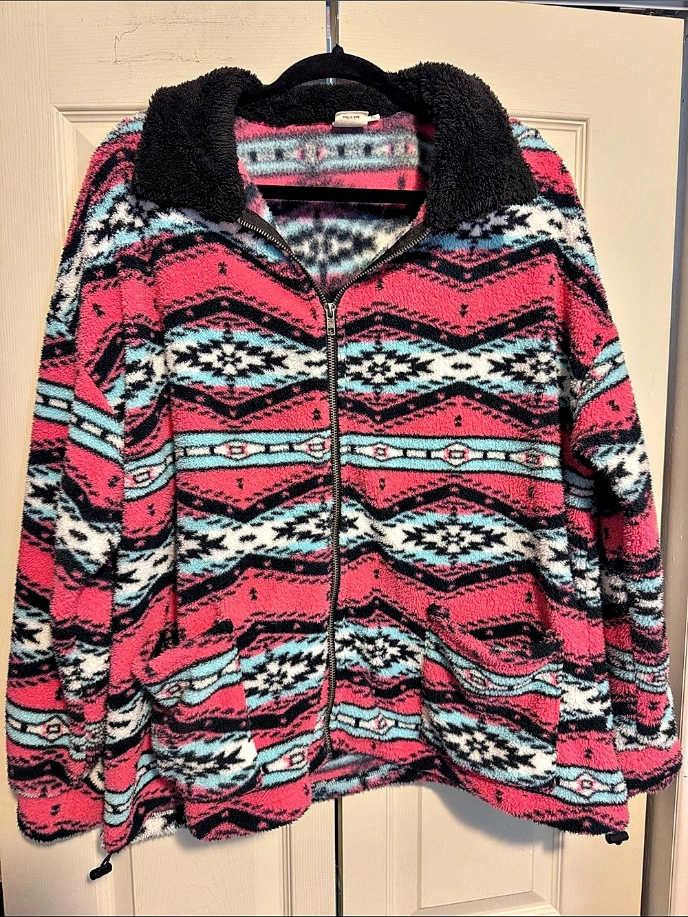 Grace & Emma Aztec Sherpa Fleece Quarter Zip Pullover Pink & Black XL